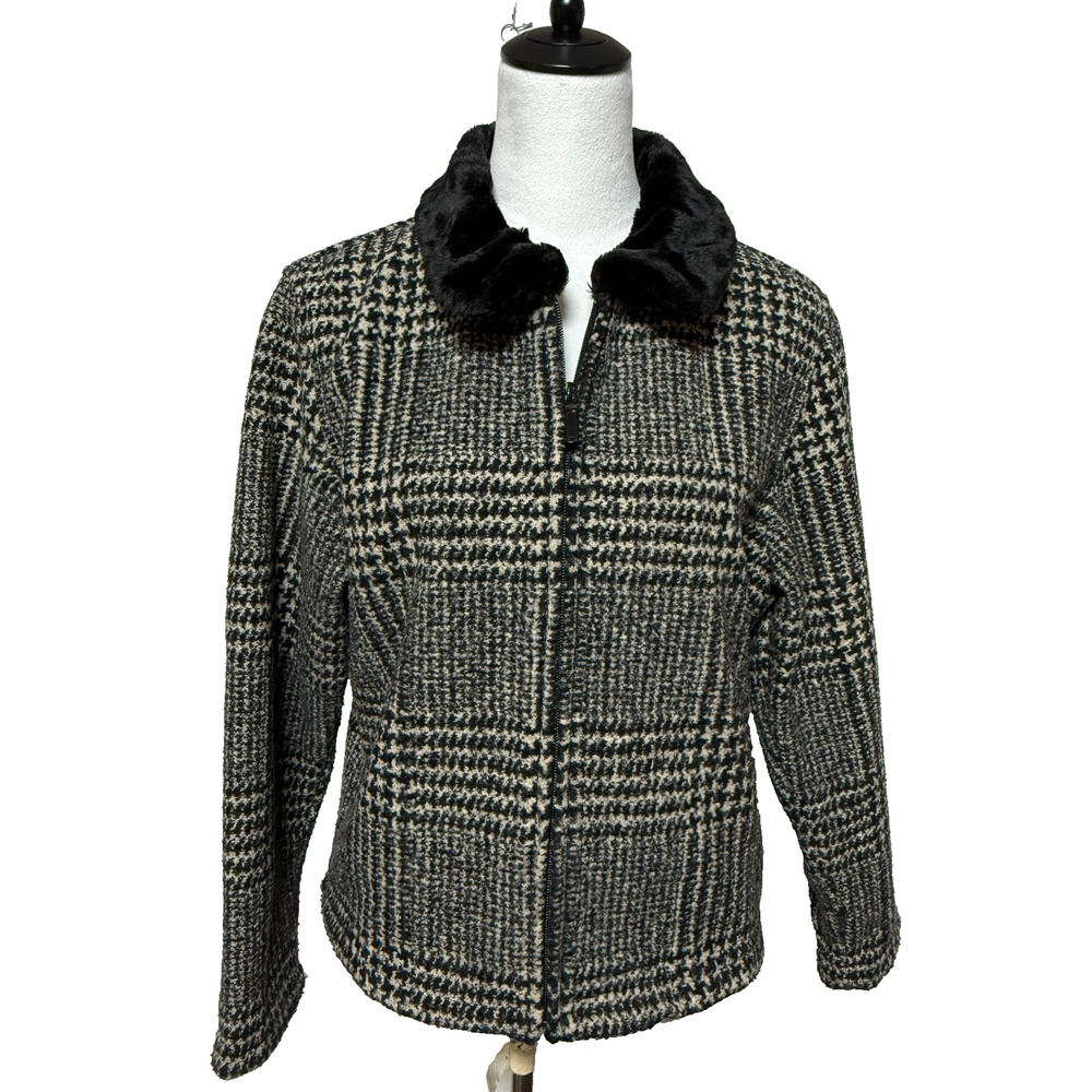 Vintage Talbots Jacket Medium Petite Black Tan Houndstooth Faux Fur Collar Zip